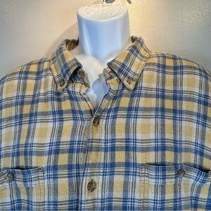 Duluth Trading Co Hemp & Organic Cotton Camp Shirt Mens 2XLT Yellow & Blue Plaid